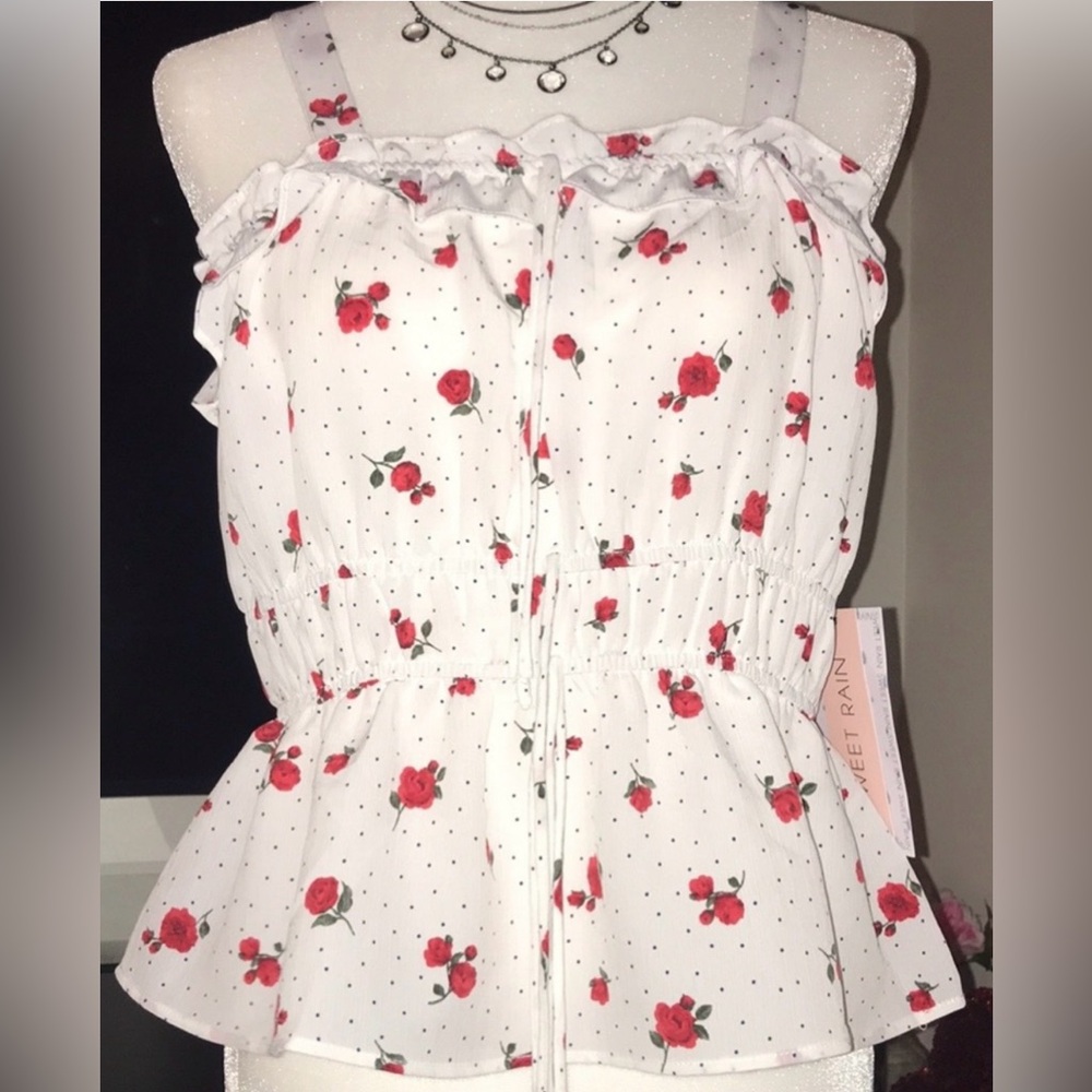 Floral Ruffle Peplum Tank Top - White with Red Rose Print